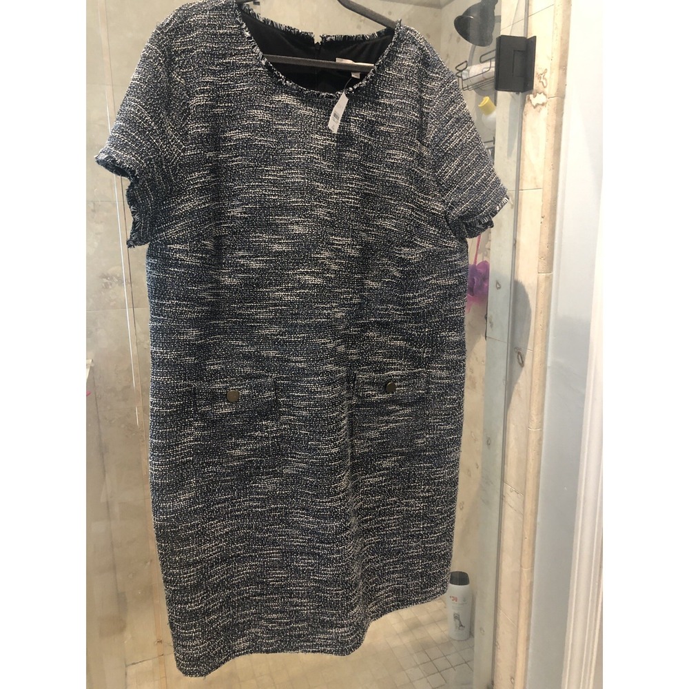 LOFT Women Blue Tweed Print Thick Knit Shift Dress Plus Size 26 Short Sleeve